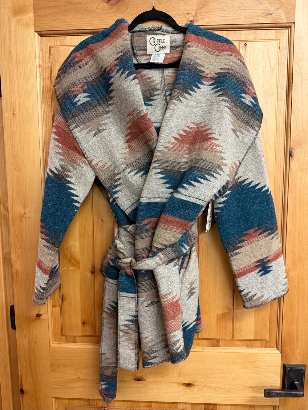 Women's Aztec Shawl Collar Wrap Coat - Blue/Tan/Rust